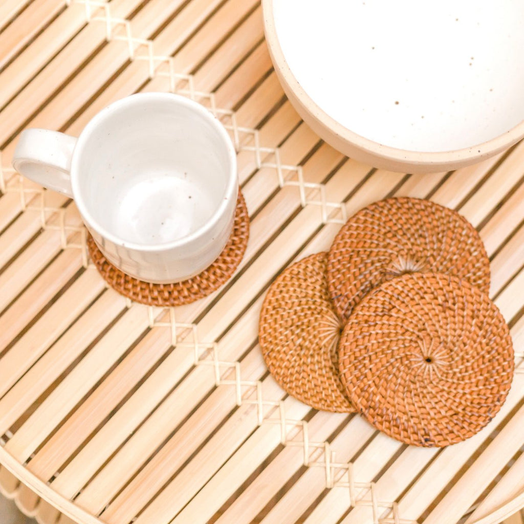 Runde Rattan-Untersetzer, Set mit 4 handgefertigten TIBU