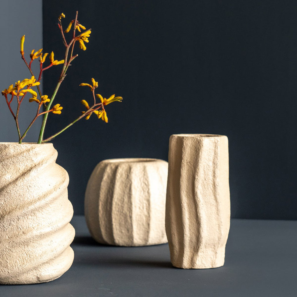 Vase Zylindrisch Papier-Pulp Beige Gewellt 22cm