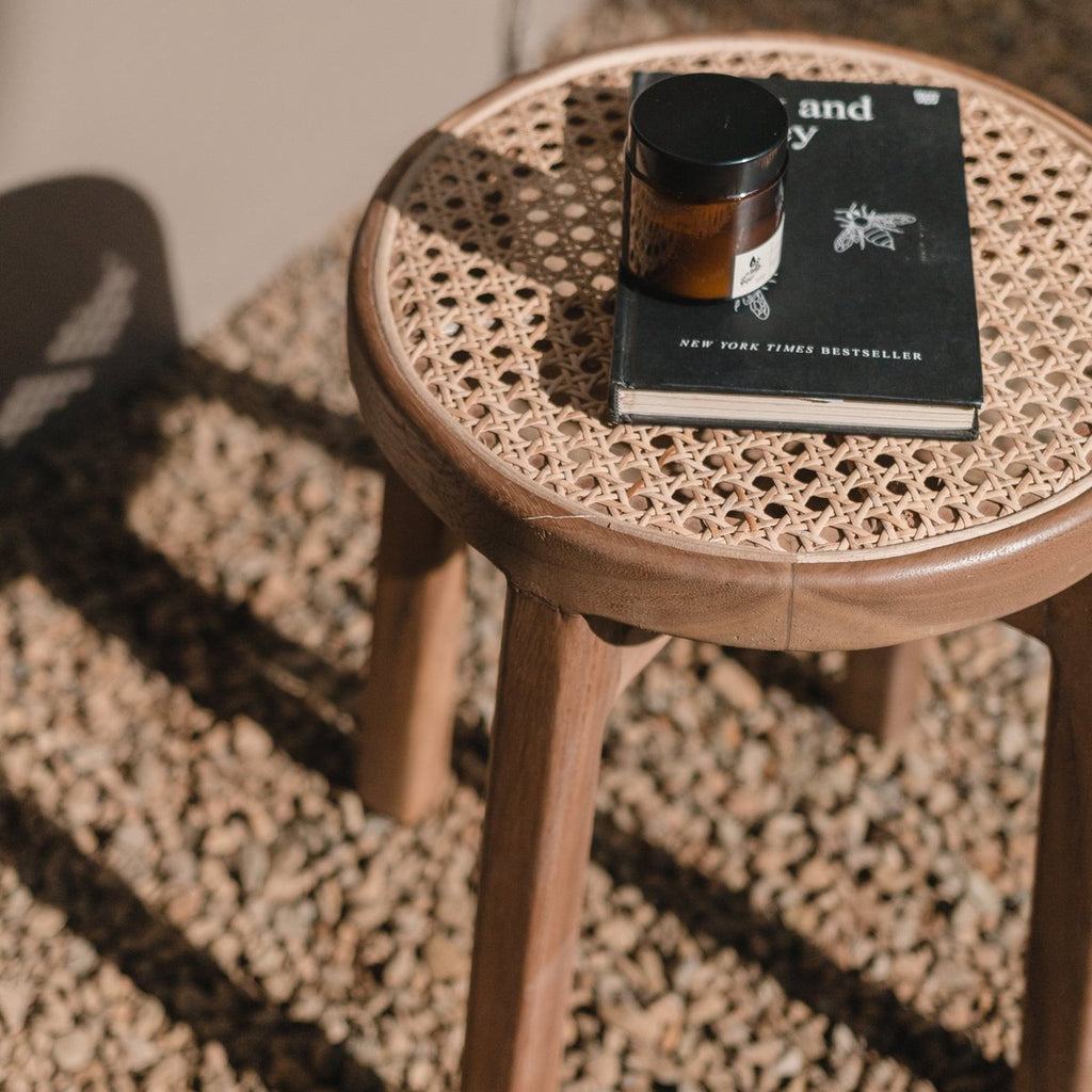 CARAMIN – Handmade stool from rainbow wood & rattan