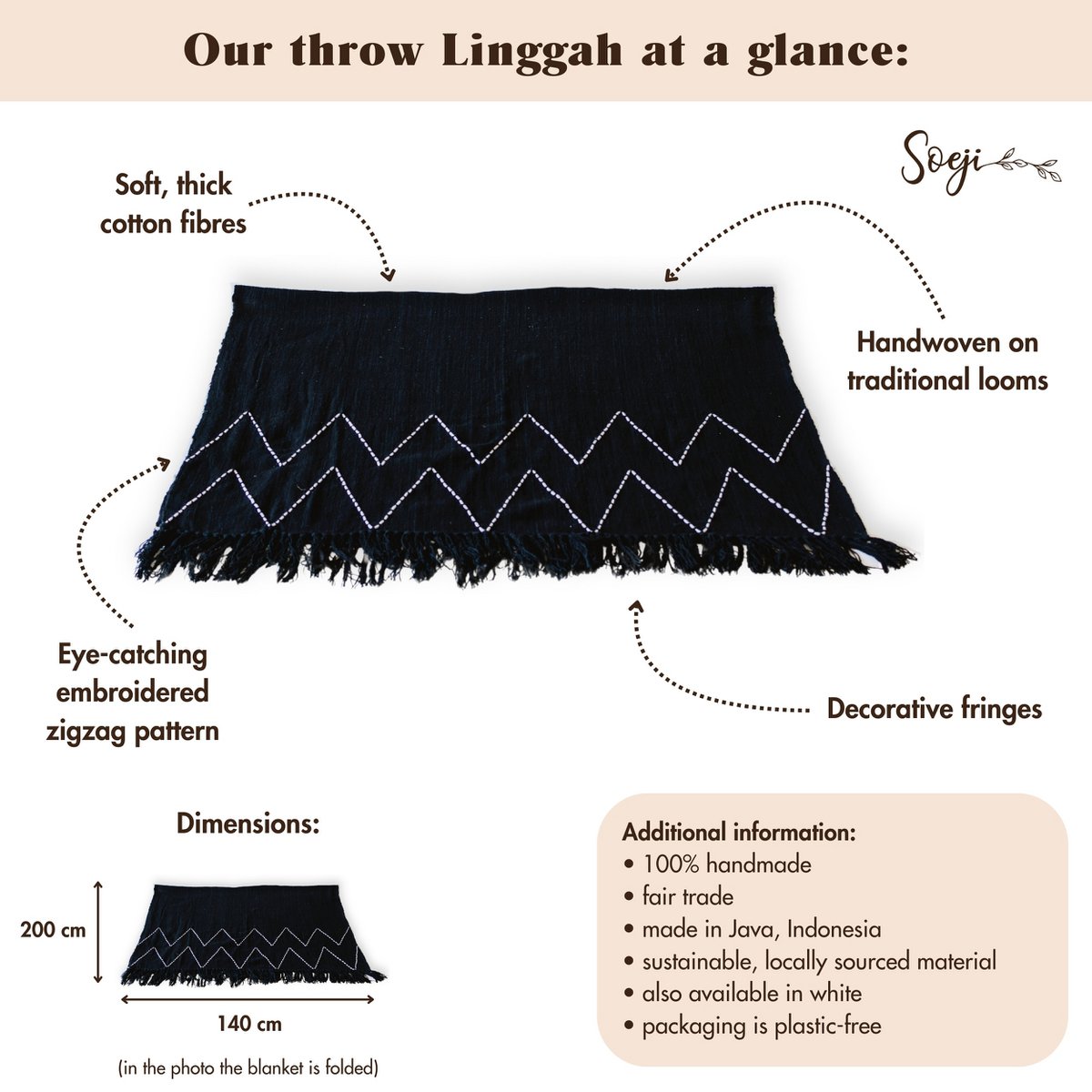 LINGGAH – Handgewebter Baumwollplaid schwarz 140 × 200 cm
