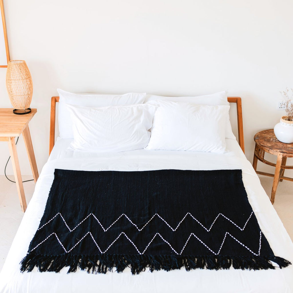 LINGGAH – Handgewebter Baumwollplaid schwarz 140 × 200 cm