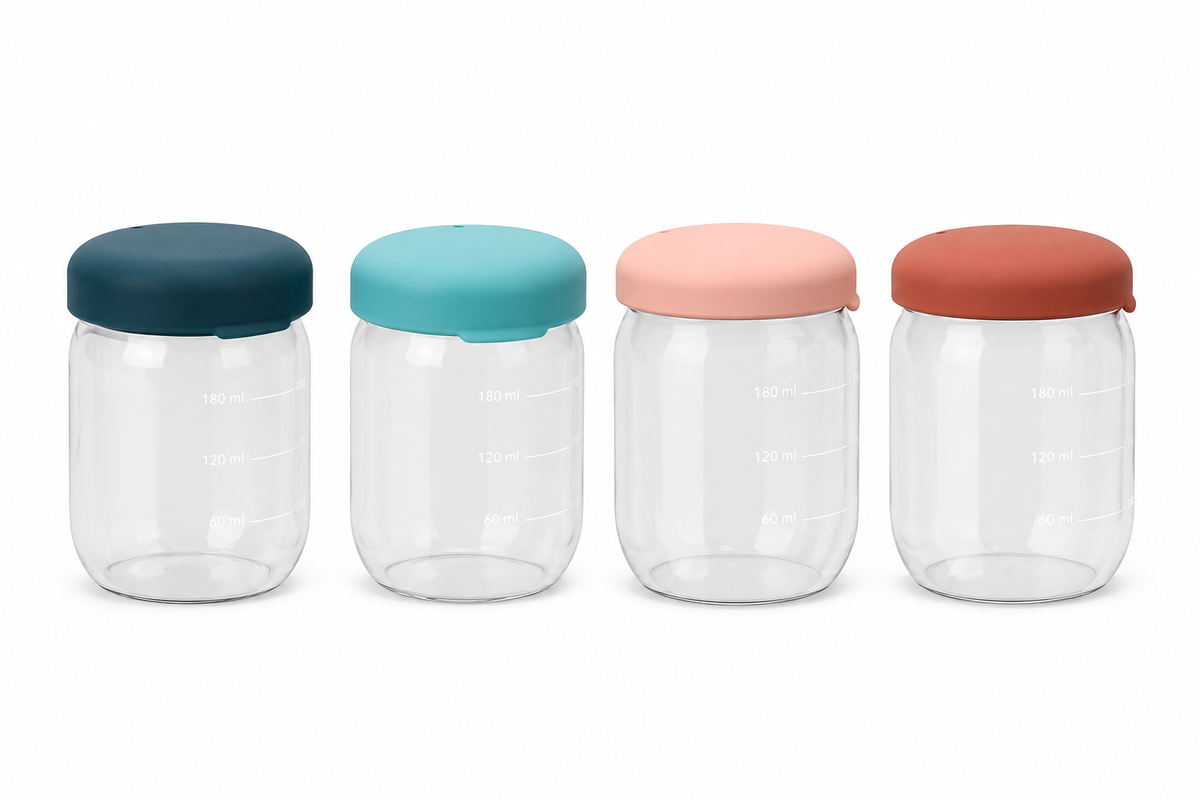 Set van twee EKOBO voedselpotjes van borosilicaatglas met siliconen deksels