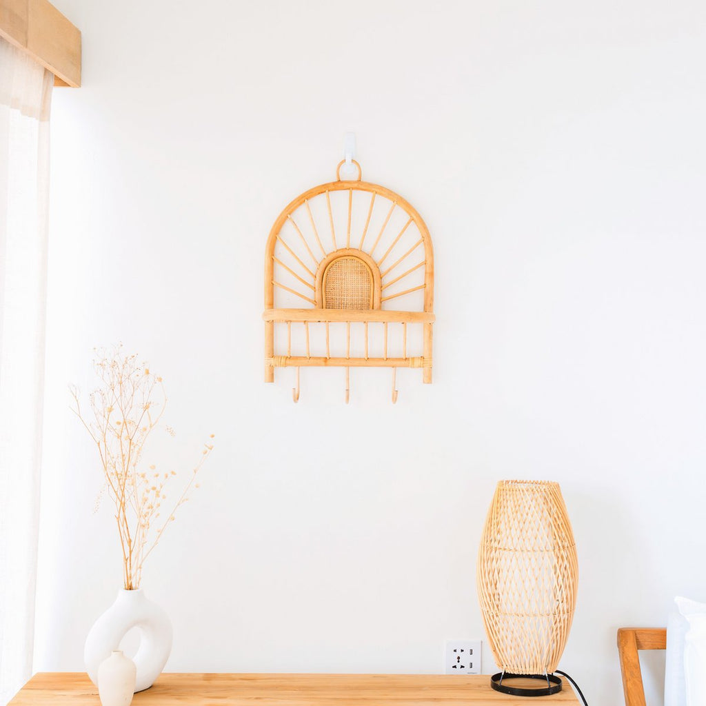 Banten Rotan Wandplank met 3 Haken – Handgemaakt