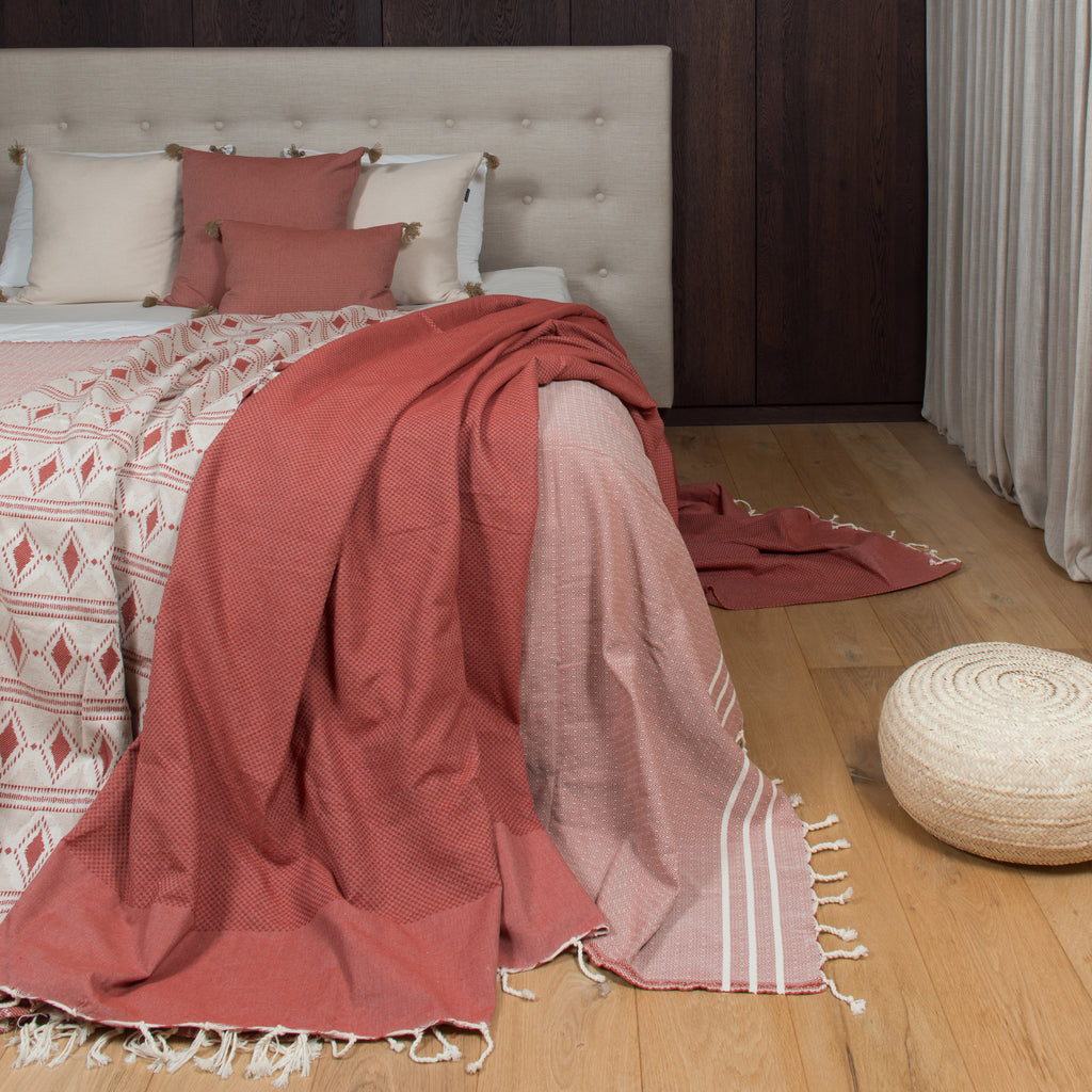 LANTARA Grand Foulard Honeycomb terracotta plaid van gerecycled katoen